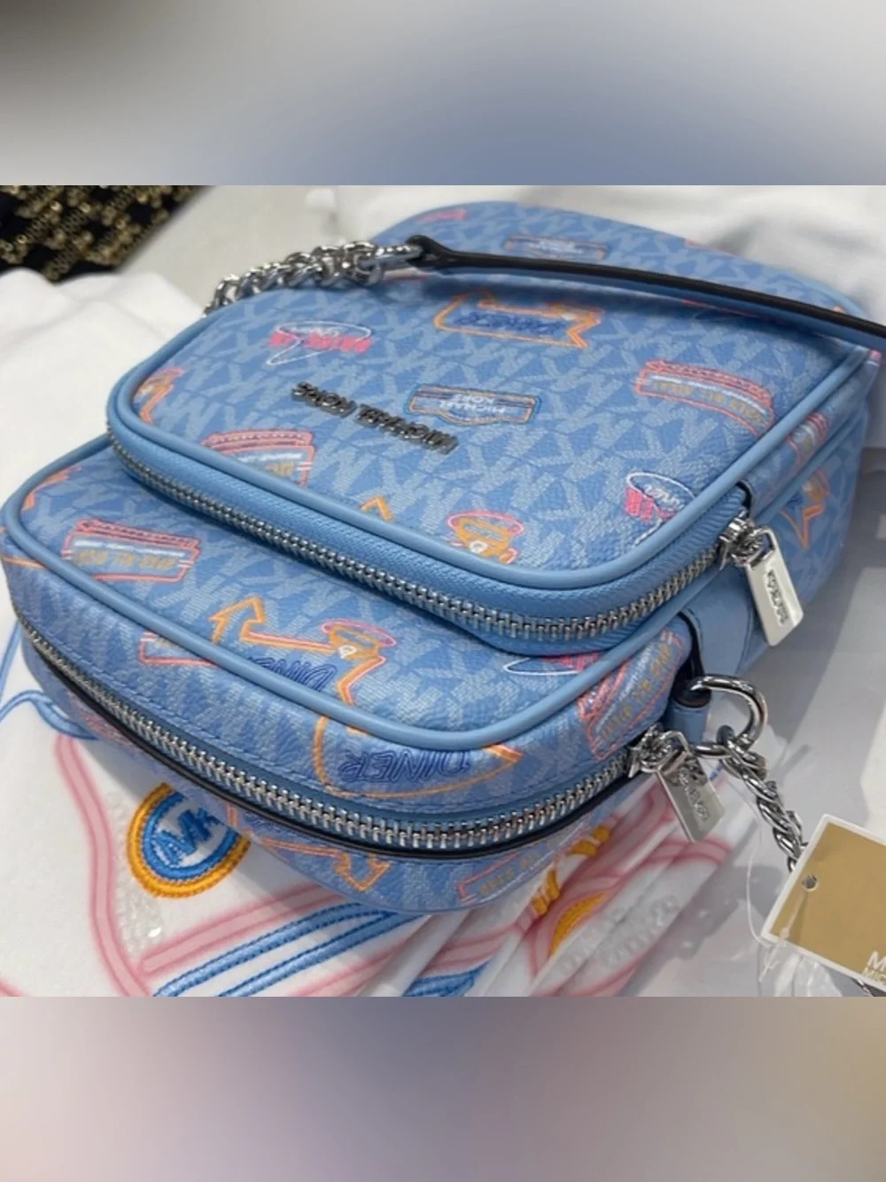 Michael Kors Light Blue Logo Print Messenger Crossbody with Chain Strap